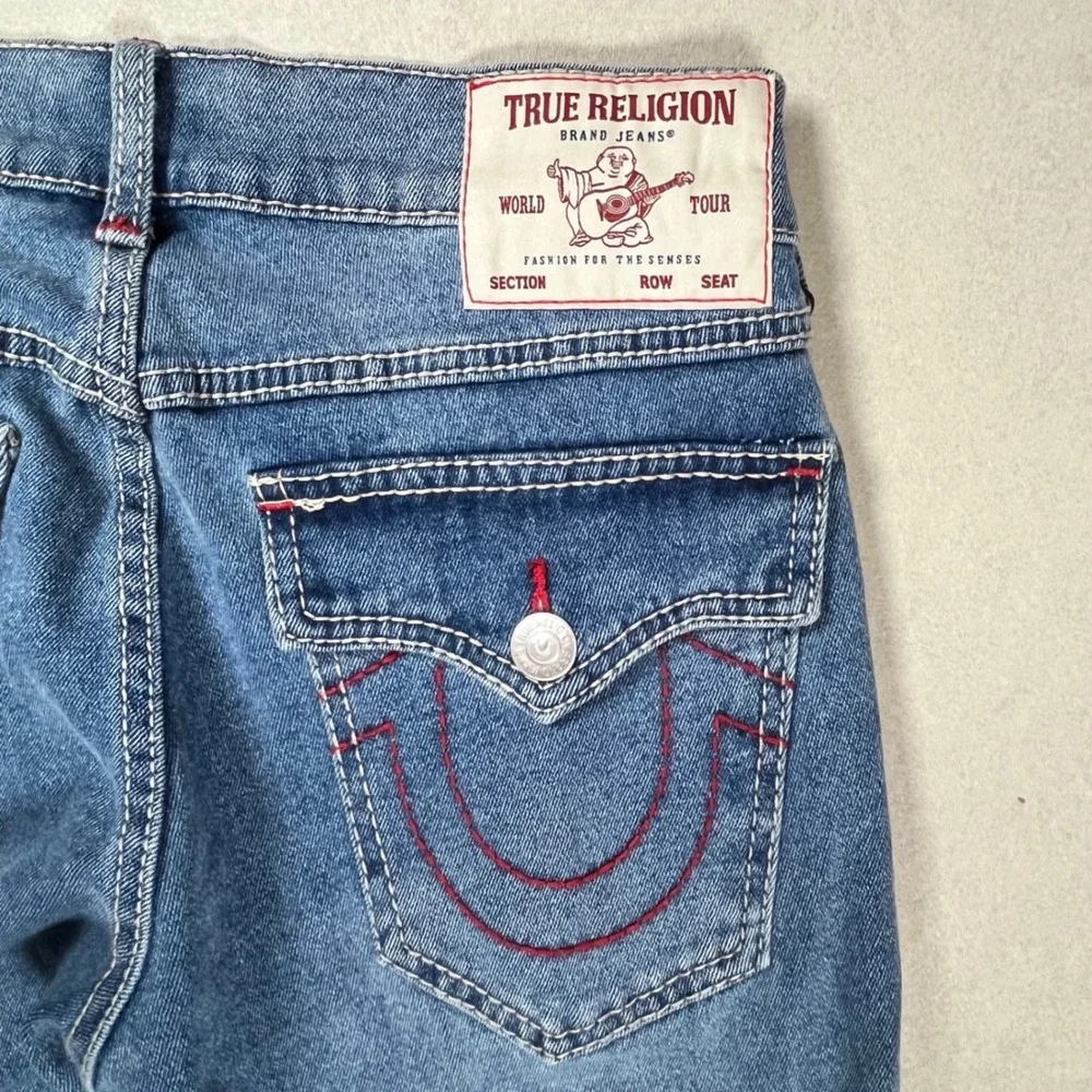 New True Religion Geno Big T Flap Jeans Men 30 Blue Relaxed Slim Red Stitch NWT
